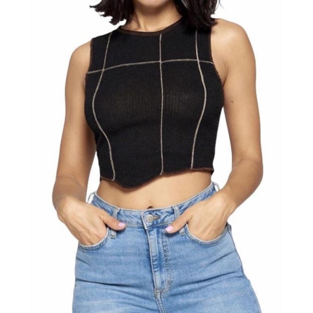 Contrast Seam Black and Taupe Crop Top Asymmetrical Trim